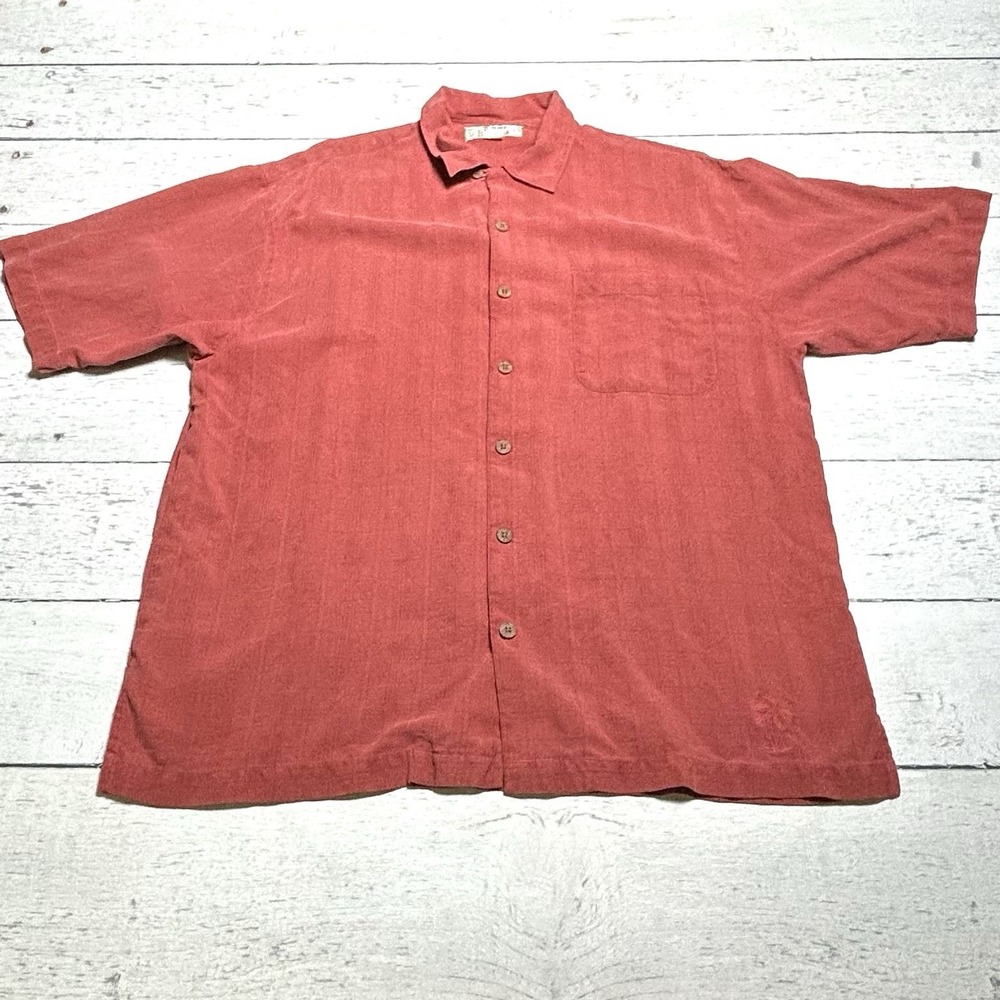 Tommy Bahama Mens Brick Red 100% Silk Short Sleeve Button Down Shirt Large